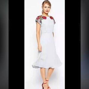 ASOS Blue Floral Embroidered Midi Skater Dress Size 6